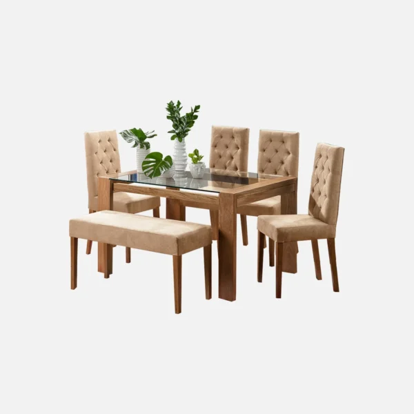 juego comedor 6 puestos Miguel Ángel en madera flor morado con tapa de vidrio, sillas tapizadas con capitoneado color beige y butaco liso visto desde perspectiva