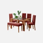 juego comedor 6 puestos Miguel Ángel en madera flor morado con tapa de vidrio, sillas tapizadas con capitoneado color salmón y butaco liso visto desde perspectiva