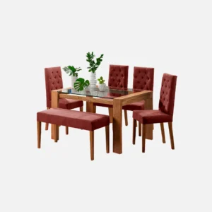 juego comedor 6 puestos Miguel Ángel en madera flor morado con tapa de vidrio, sillas tapizadas con capitoneado color salmón y butaco liso visto desde perspectiva