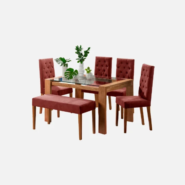 juego comedor 6 puestos Miguel Ángel en madera flor morado con tapa de vidrio, sillas tapizadas con capitoneado color salmón y butaco liso visto desde perspectiva