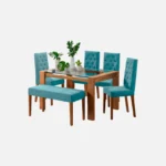 juego comedor 6 puestos Miguel Ángel en madera flor morado con tapa de vidrio, sillas tapizadas con capitoneado color turquesa y butaco liso visto desde perspectiva