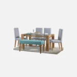 juego de comedor 6 puestos paris mesa en madera con tapa de vidrio, sillas tapizadas lisas color gris, butaco color turquesa, estructuras en madera flor morado visto desde perspectiva