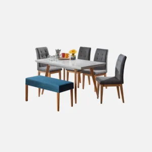 Juego de comedor 6 puestos Picasso en madera flor morado sillas tapizadas color gris y butaco azul visto en perspectiva