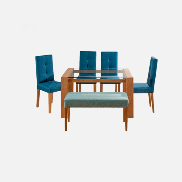juego de comedor 6 puestos en madera flor morado con tapa de vidrio y sillas tapizadas color azul capitoneado, butaco turquesa visto desde frente