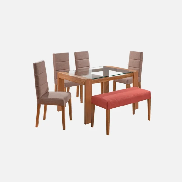 juego de comedor 6 puestos Da Vinci en madera flor morado con tapa de vidrio, sillas tapizadas color beige y butaco salmón visto en perspectiva