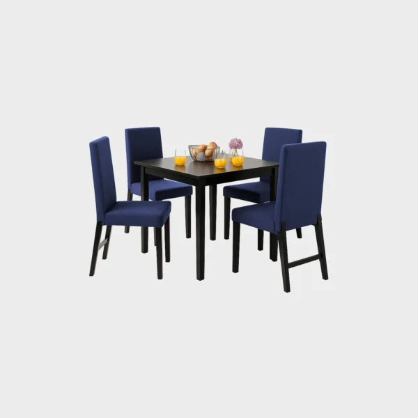 juego de comedor 4 puestos Mónaco en madera flor morado color negro con sillas tapizadas lisas color azul