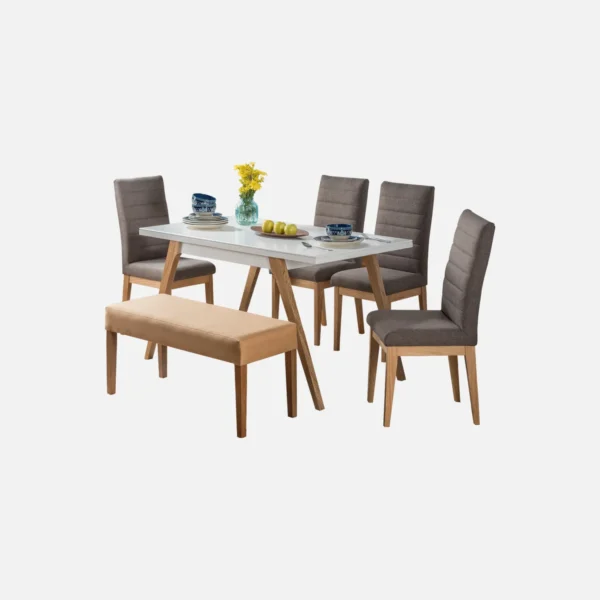 Juego de comedor Sahara 6 puestos en madera flor morado sillas tapizadas color gris y butaco color beige visto en perspectiva