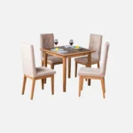 Juego de comedor 4 puestos turín mesa madera flor morado con sillas tapizadas beige capitoneadas visto en perspectiva