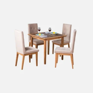 Juego de comedor 4 puestos turín mesa madera flor morado con sillas tapizadas beige capitoneadas visto en perspectiva