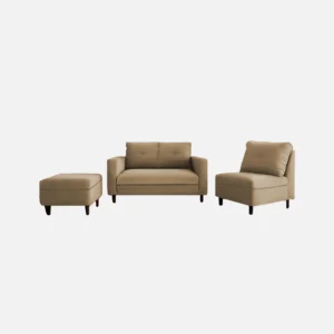 juego de sala multifuncional con sofá poltrona y puff tapizados color beige y patas en madera visto desde frente