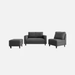 juego de sala multifuncional con sofá poltrona y puff tapizados color gris y patas en madera visto desde frente