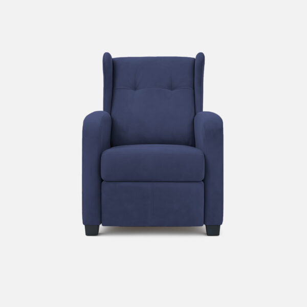 silla reclinable apolo tapizado microfibra color azul con capitoné en el espaldar y patas plásticas negras visto de frente