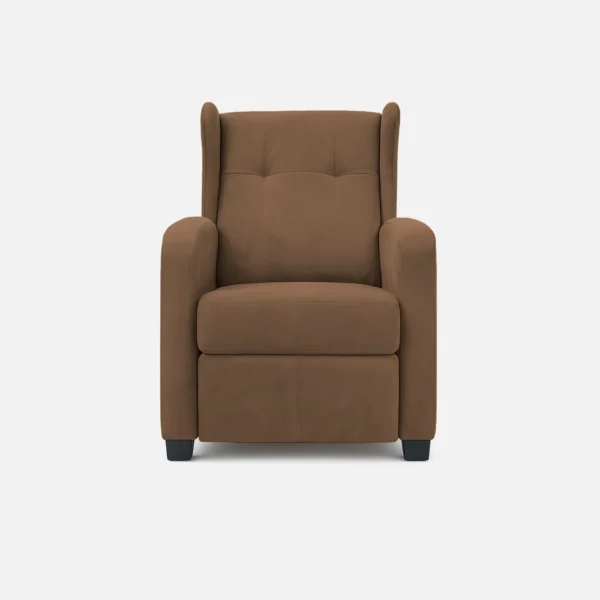 silla reclinable apolo tapizado microfibra color café con capitoné en el espaldar y patas plásticas negras visto de frente