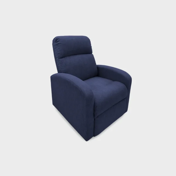 silla reclinable Logan tapizada en microfibra con capitoneado lineal color azul visto en perspectiva