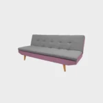 sofá cama San Telmo tipo clic clac tapizado en color gris y rosa con textura capitoné y patas en madera natural visto en perspectiva