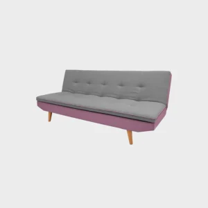 sofá cama San Telmo tipo clic clac tapizado en color gris y rosa con textura capitoné y patas en madera natural visto en perspectiva