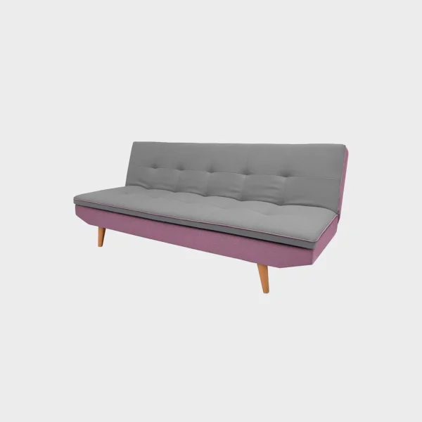 sofá cama San Telmo tipo clic clac tapizado en color gris y rosa con textura capitoné y patas en madera natural visto en perspectiva