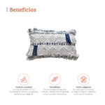 Imagen con medidas de una funda rectangular con cojín con tejido atesanal, mide 30 cm de alto por 50 cm de ancho, con sellos de confort, resistencia, estilo y versatilidad. All Star decoración