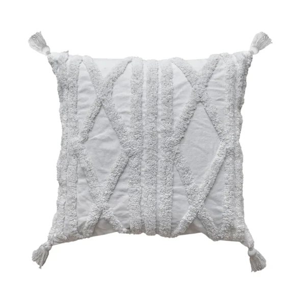 funda con cojín Rustic con textura aterciopelada y patrón geométrico decorativo, en tela blanca visto de frente. All Star decoración