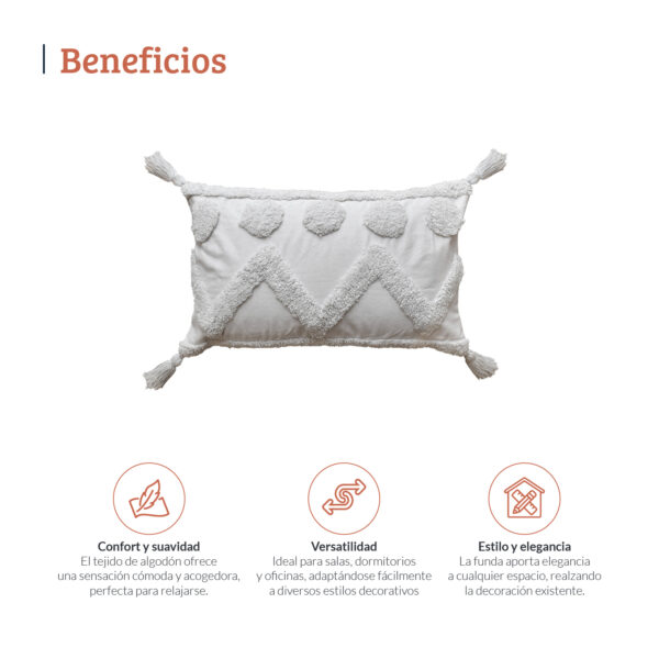 Imagen con medidas de una funda con cojín con patrón geométrico aterciopelado, mide 30 cm de alto por 50 cm de ancho, con sellos de confort, resistencia, estilo y versatilidad. All Star decoración