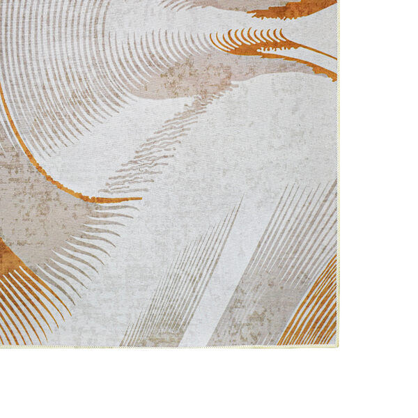 Detalle de tapete en tonos grises y naranjas con textura de patrón geométrico naranja, visual del borde. All Star decoración