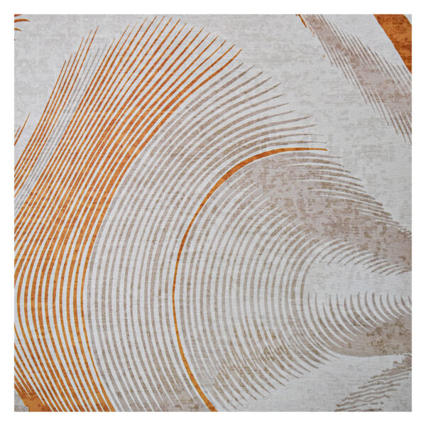 Detalle de tapete en tonos grises y naranjas con textura de patrón geométrico naranja. All Star decoración