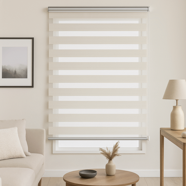 persiana desenrollada tipo zebra color blanca acabado brillante con soporte lateral a la pared, ubicada en ambiente moderno minimalista. All Star decoración