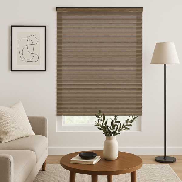 persiana desenrollada tipo zebra color moka con soporte lateral a la pared, ubicada en ambiente moderno minimalista. All Star decoración