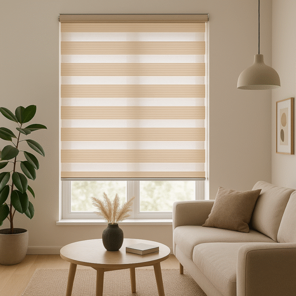 persiana desenrollada tipo zebra color beige con soporte lateral a la pared, ubicada en ambiente moderno minimalista. All Star decoración