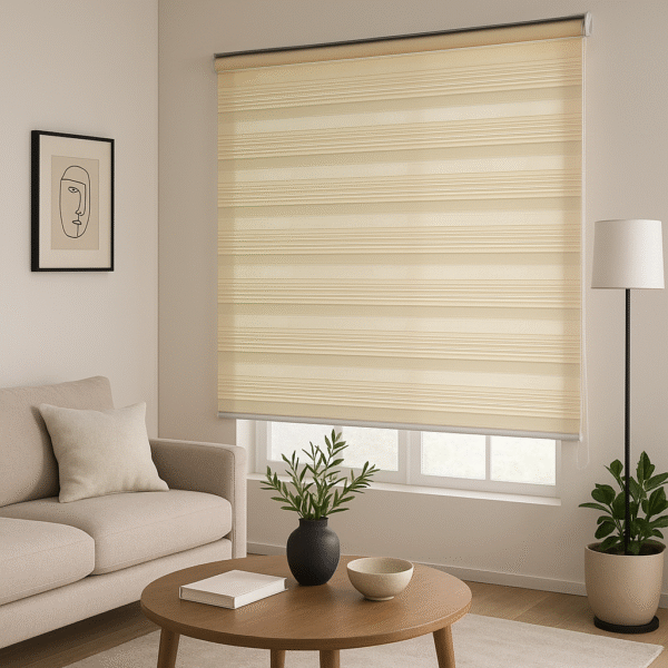 persiana desenrollada tipo zebra color Ivory con soporte lateral a la pared, ubicada en ambiente moderno minimalista. All Star decoración