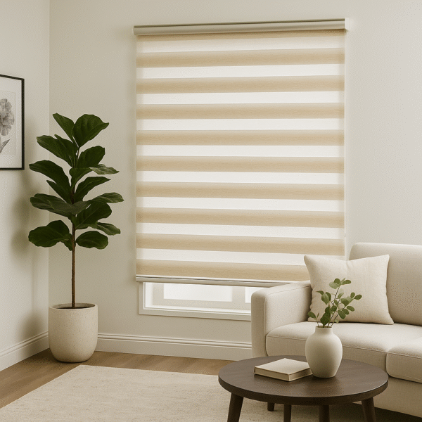 persiana desenrollada tipo zebra color Ivory con soporte lateral a la pared, ubicada en ambiente moderno minimalista. All Star decoración