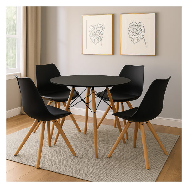Juego de comedor 4 puestos circular Aquila con tapa negra y patas de madera, sillas negras con asiento tapizado, ubicado en ambiente moderno minimalista