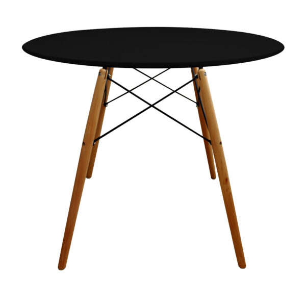 Mesa comedor 4 puestos Aquila de tapa negra con patas de madera y herrajes metálicos, vista de frente. All Star comedor