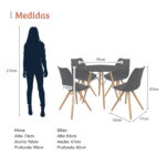 Imagen con medidas de un comedor redondo con tapa negra y cuatro sillas negras con patas de madera. La mesa mide 73 cm de alto por 90 cm de ancho y profundidad, y las sillas miden 81 cm de alto, 47 cm de ancho y 42 cm de profundidad, junto a una silueta de referencia de 170 cm. All Star Comedor