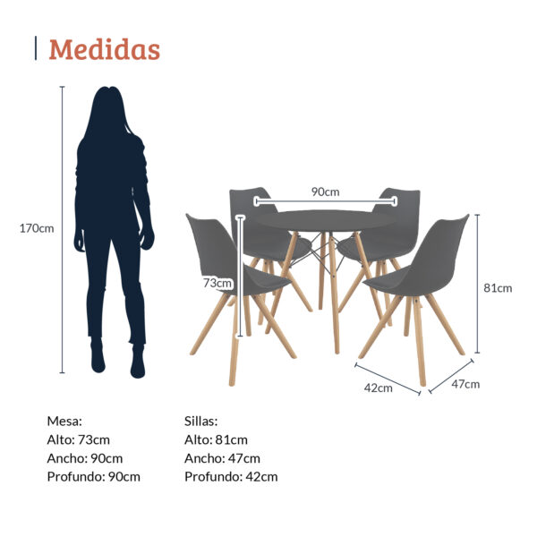 Imagen con medidas de un comedor redondo con tapa negra y cuatro sillas negras con patas de madera. La mesa mide 73 cm de alto por 90 cm de ancho y profundidad, y las sillas miden 81 cm de alto, 47 cm de ancho y 42 cm de profundidad, junto a una silueta de referencia de 170 cm. All Star Comedor