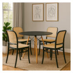 juego de comedor 4 puestos circular Carina en negro con beige, ubicado en ambiente moderno minimalista. All Star Muebles