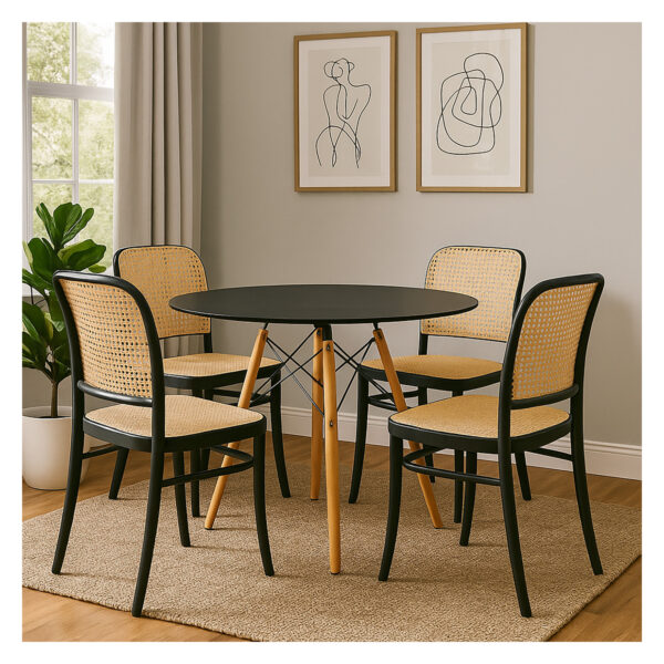 juego de comedor 4 puestos circular Carina en negro con beige, ubicado en ambiente moderno minimalista. All Star Muebles