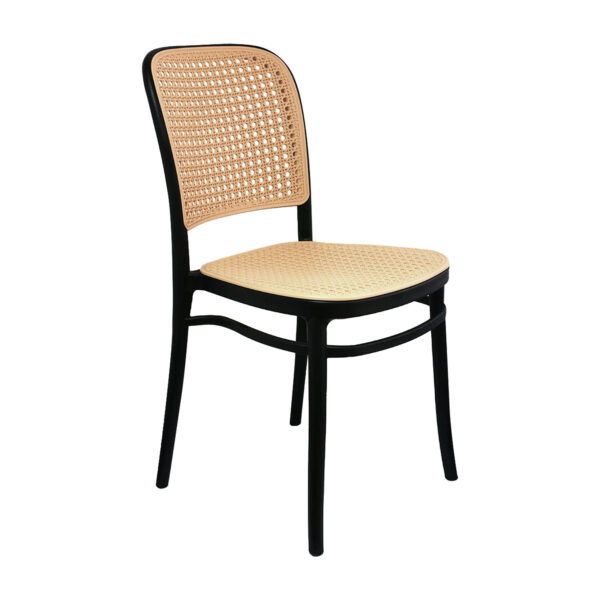 Silla comedor plástica beige con negra, textura de tejido visto en perspectiva. All Star Sillas