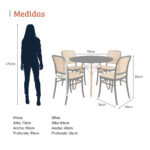 Imagen con medidas de un comedor redondo de tapa negra con cuatro sillas plásticas texturizadas de tejido. La mesa mide 73 cm de alto por 90 cm de ancho y profundidad, y las sillas miden 86 cm de alto, 40 cm de ancho y 36 cm de profundidad, junto a una silueta de referencia de 170 cm. All Star Comedor