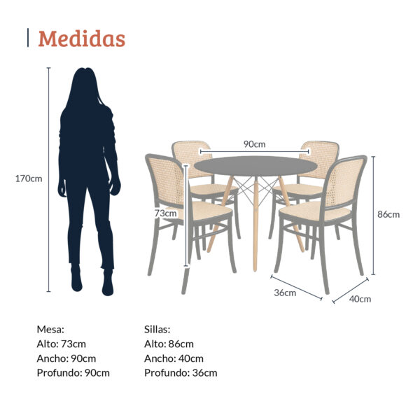 Imagen con medidas de un comedor redondo de tapa negra con cuatro sillas plásticas texturizadas de tejido. La mesa mide 73 cm de alto por 90 cm de ancho y profundidad, y las sillas miden 86 cm de alto, 40 cm de ancho y 36 cm de profundidad, junto a una silueta de referencia de 170 cm. All Star Comedor