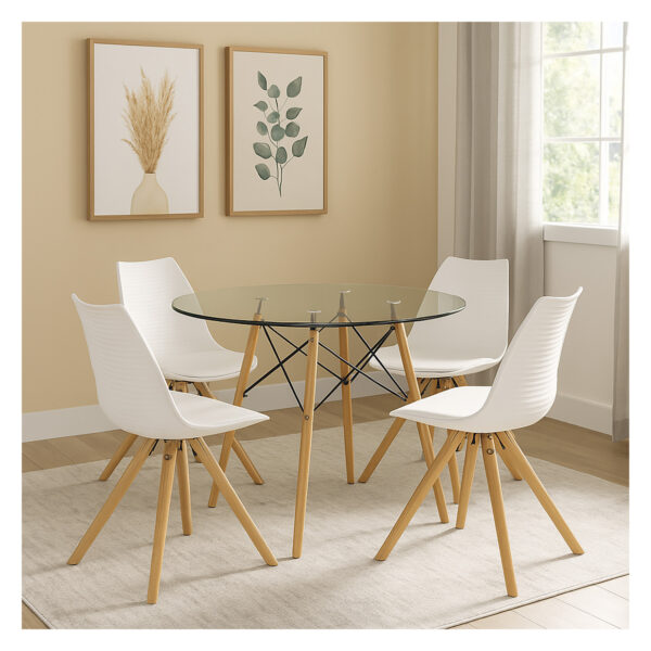 juego de comedor 4 puestos circular con tapa de vidrio y 4 sillas blancas con patas de madera, ubicado en ambiente moderno minimalista. All Star Muebles