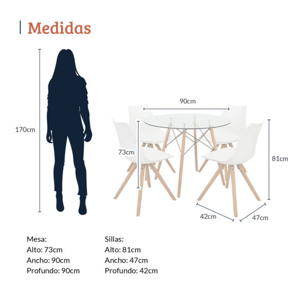 Imagen con medidas de un comedor redondo de vidrio con cuatro sillas blancas y patas de madera. La mesa mide 73 cm de alto por 90 cm de ancho y profundidad, y las sillas miden 81 cm de alto, 47 cm de ancho y 42 cm de profundidad, junto a una silueta de referencia de 170 cm. All Star Comedor