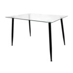 Mesa de comedor Corvus con tapa en vidrio templado, patas metálicas color negro, vista en perspectiva. All Star Comedores