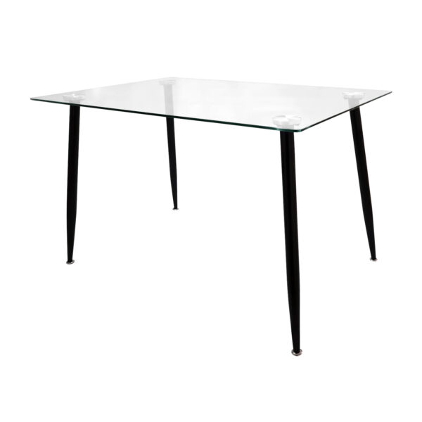 Mesa de comedor Corvus con tapa en vidrio templado, patas metálicas color negro, vista en perspectiva. All Star Comedores