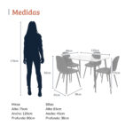 Imagen con medidas de un comedor rectangular de vidrio con cuatro sillas tapizadas negras y patas de metal negras. La mesa mide 75 cm de alto por 80 cm de ancho y 120 cm de profundidad, y las sillas miden 85 cm de alto, 45 cm de ancho y 38 cm de profundidad, junto a una silueta de referencia de 170 cm. All Star Comedor