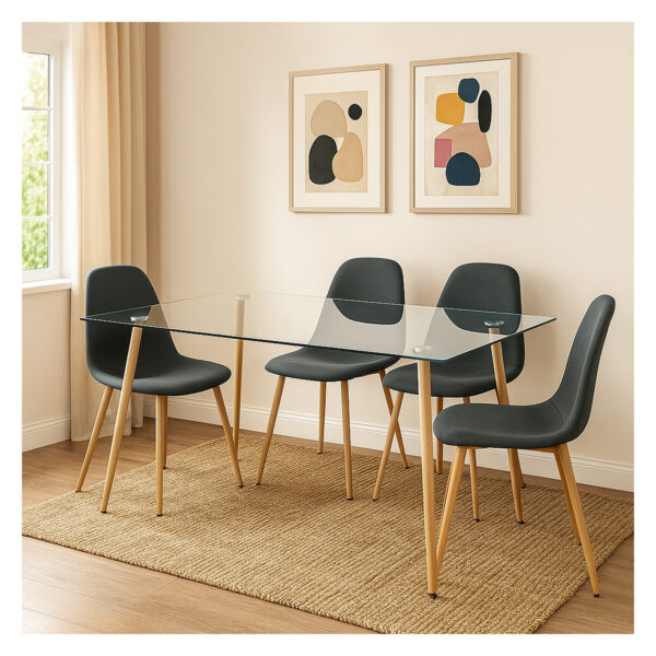 juego de comedor 4 puestos rectangular Fénix, con tapa de vidrio y 4 sillas negras, patas metálicas textura de madera, ubicado en un ambiente moderno y minimalista. All Star muebles