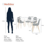 Imagen con medidas de un comedor rectangular de vidrio con cuatro sillas tapizadas negras y patas de metal. La mesa mide 75 cm de alto por 80 cm de ancho y 120 cm de profundidad, y las sillas miden 85 cm de alto, 45 cm de ancho y 38 cm de profundidad, junto a una silueta de referencia de 170 cm. All Star Comedor