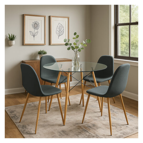 juego de comedor Grus cuatro puestos circular con mesa de vidrio y patas metálicas y 4 sillas plásticas negras, ubicado en ambiente moderno minimalista. All Star Muebles