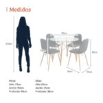 Imagen con medidas de un comedor redondo de vidrio con cuatro sillas negras y patas de metal. La mesa mide 73 cm de alto por 90 cm de ancho y profundidad, y las sillas miden 85 cm de alto, 45 cm de ancho y 38 cm de profundidad, junto a una silueta de referencia de 170 cm. All Star Comedor