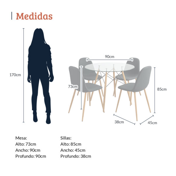 Imagen con medidas de un comedor redondo de vidrio con cuatro sillas negras y patas de metal. La mesa mide 73 cm de alto por 90 cm de ancho y profundidad, y las sillas miden 85 cm de alto, 45 cm de ancho y 38 cm de profundidad, junto a una silueta de referencia de 170 cm. All Star Comedor